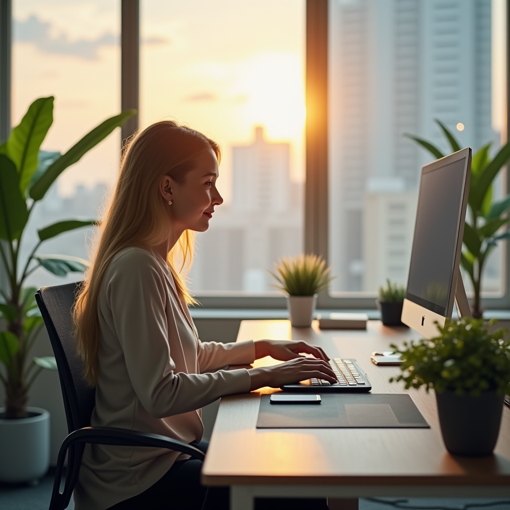 Healthier Digital Workplace - Happy Person at work with digital wellness elements - AI generated image